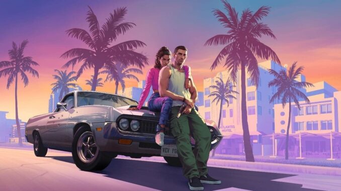 GTA 6 É ADIADO GTA 6 é adiado para 2026: imagem com estilo retrô mostra protagonistas em Vice City, reforçando o cenário do novo jogo da Rockstar