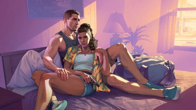 Personagens de GTA 6 Personagens de GTA 6 Lucia e Jason sentados em um quarto com clima tenso, ao lado de uma mochila cheia de dinheiro
