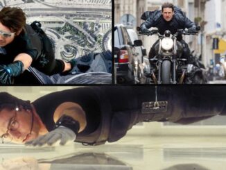 Tom Cruise em cenas icônicas de ação da franquia Missão Impossível, incluindo escalada em prédio, perseguição de moto e infiltração suspensa por cabos.