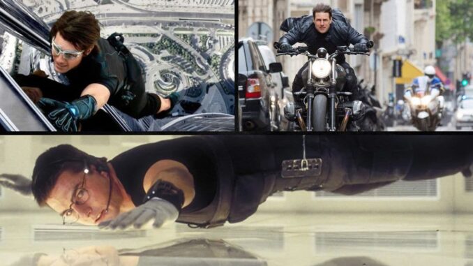 franquia Missão Impossível Tom Cruise em cenas icônicas de ação da franquia Missão Impossível, incluindo escalada em prédio, perseguição de moto e infiltração suspensa por cabos.