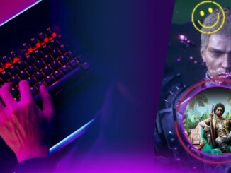 Jogador no teclado com iluminação neon e personagens de jogos em destaque, representando os melhores jogos grátis do fim de semana