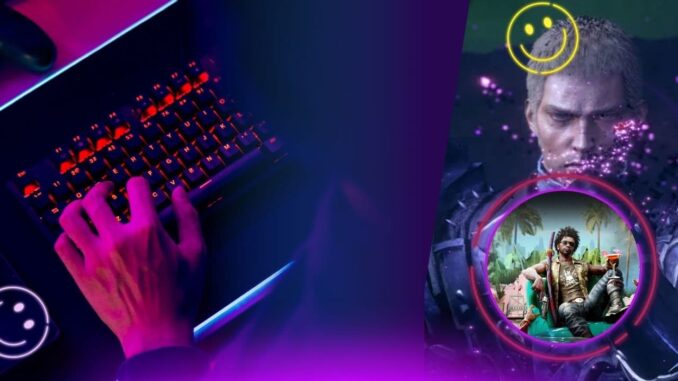 jogos grátis do fim de semana Jogador no teclado com iluminação neon e personagens de jogos em destaque, representando os melhores jogos grátis do fim de semana
