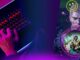 Jogador no teclado com iluminação neon e personagens de jogos em destaque, representando os melhores jogos grátis do fim de semana