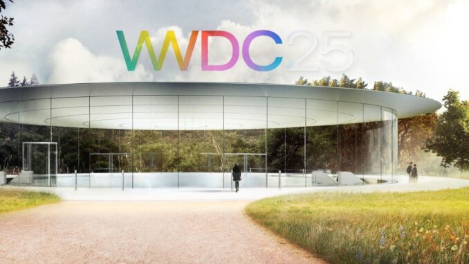 lançamentos da Apple na WWDC 2025 Auditório Apple Park decorado para o evento WWDC 2025 da Apple